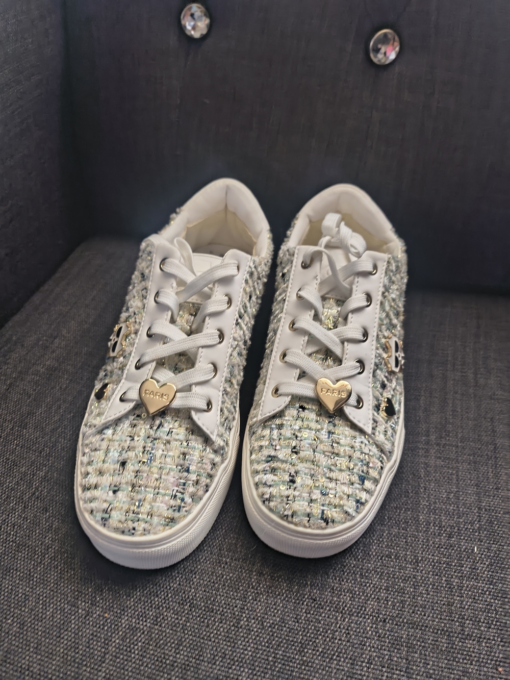Karl Lagerfeld White Tweed & Metallic Accent Womens Sneakers